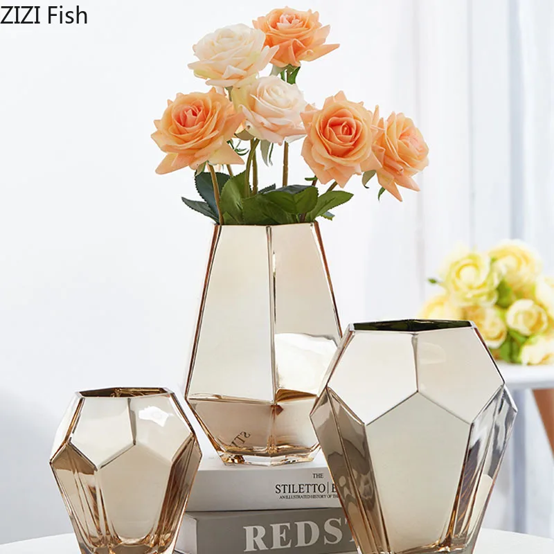 Home Vase Glass Vases Geometric Golden Flower Insert Artificial Fake Rose Origami Furnishings Home Decoration Accessories Modern