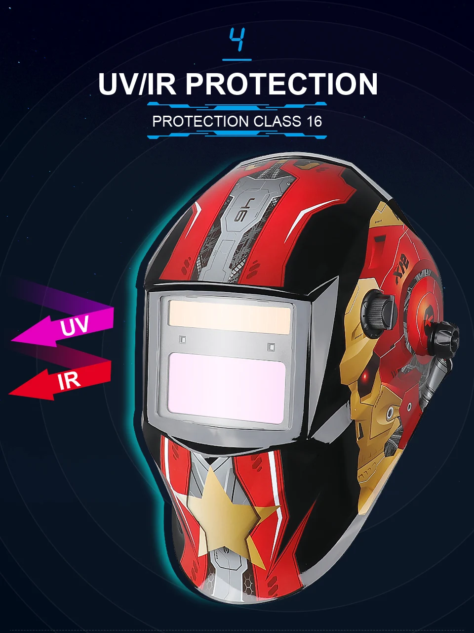 Casco de soldadura de primera clase óptica con oscurecimiento automático, sombra completa 4-13, área de visión 93x43 (mm)