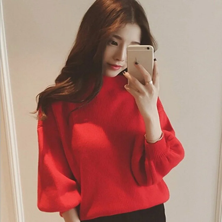 2019 Autumn Winter Women Knitted Turtleneck Thick Sweater Casual Puff Sleeve Loose Red Jumper Sweater Femme Elasticity Pullovers 2019 Autumn Winter Women Knitted Turtleneck Thick Sweater Casual Puff Sleeve Loose Red Jumper Sweater Femme Elasticity Pullovers