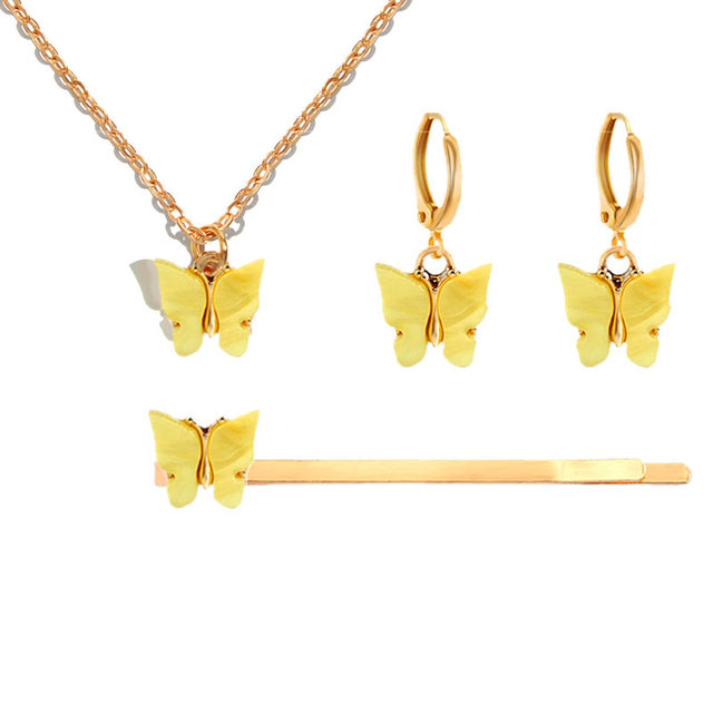 Fashion Cute Multicolor Acrylic Butterfly Jewelry Sets For Women Sweet Girls Pendant Necklace Earrings Hairpin Set Gifts
