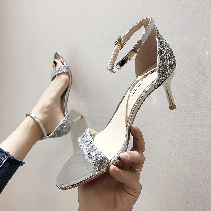 

Sl6619-3 A- line with High-heeled Sandals Women's Thin Heeled 2019 New Style Summer Simple Elegant Peep-Toe-Sequin