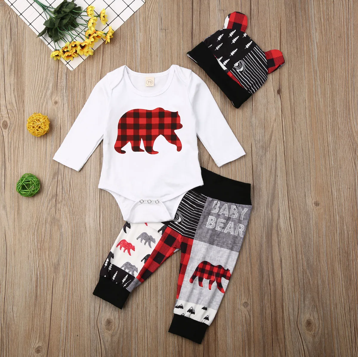 Рождественский комплект одежды из 3 предметов для маленьких мальчиков и девочек, комбинезон с принтом медведя, комплекты со штанами