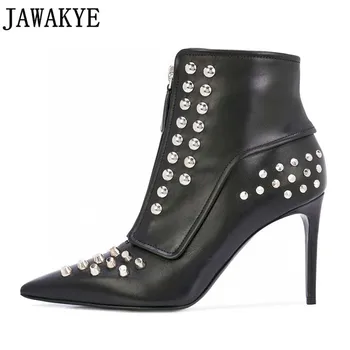 

High Heel Studed Ankle Boots Geunine Leather Formal Winter Shoes Designer Women's Pointed toe Ankle Boots Female Botas de Mujer