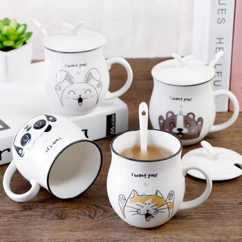 

OUSSIRRO Cartoon TOTORO Ceramic Mugs MILK CUP With Cover and Spoon, Candy Color Lovely Water Cups for Children Gift
