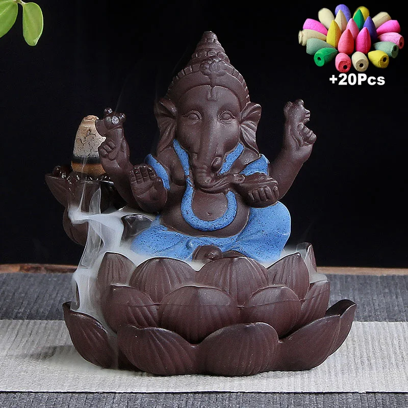 BurnerJ62 20Incense 20 шт благовония конусы керамический Лотос Индийский Слон Ганеш Бог Будда статуи обратного потока благовония горелка с Буддой благовония курильница удержание - Цвет: BurnerJ62 20Incense