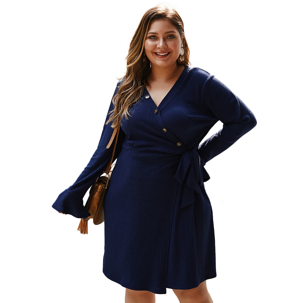 Joineles Solid Women Causal Dress Autumn Winter V-Neck Long Sleeves Female Sexy Dresses Plus Size Button Down Belt Vestidos | Женская