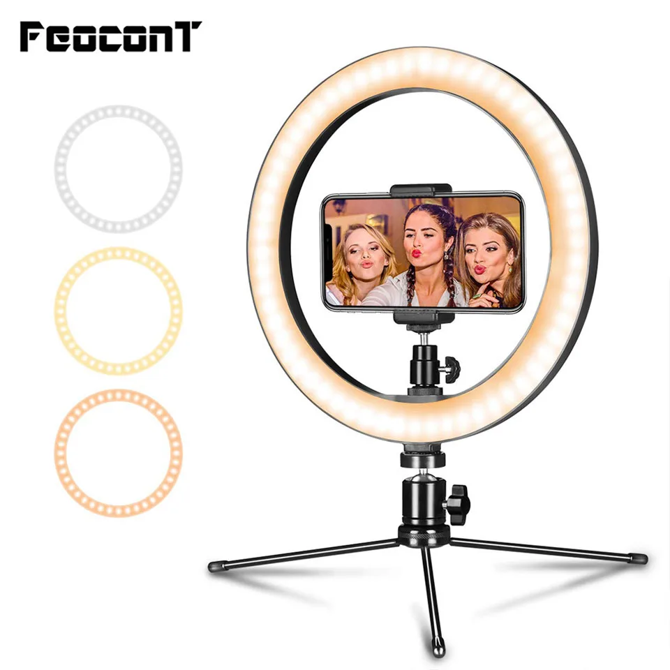 

LED Ring Light 10" with Tripod Stand Phone Holder for Live Streaming YouTube Video Dimmable Desk Makeup Ring Light Modes