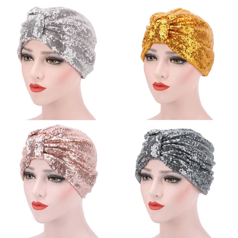 Women Sequined Turban Hijab Pre Tied Bandana Cap Chemo Head Scarf Hair Cover Sleeping Hat Ladies Turban Headwear