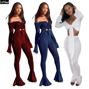

Cultiseed Women Sexy Strapless Sets Clothes Female Lacing up Bandage Bow Short Top+Flare Pant 2pc Set Suits Ladies Fashion Sets