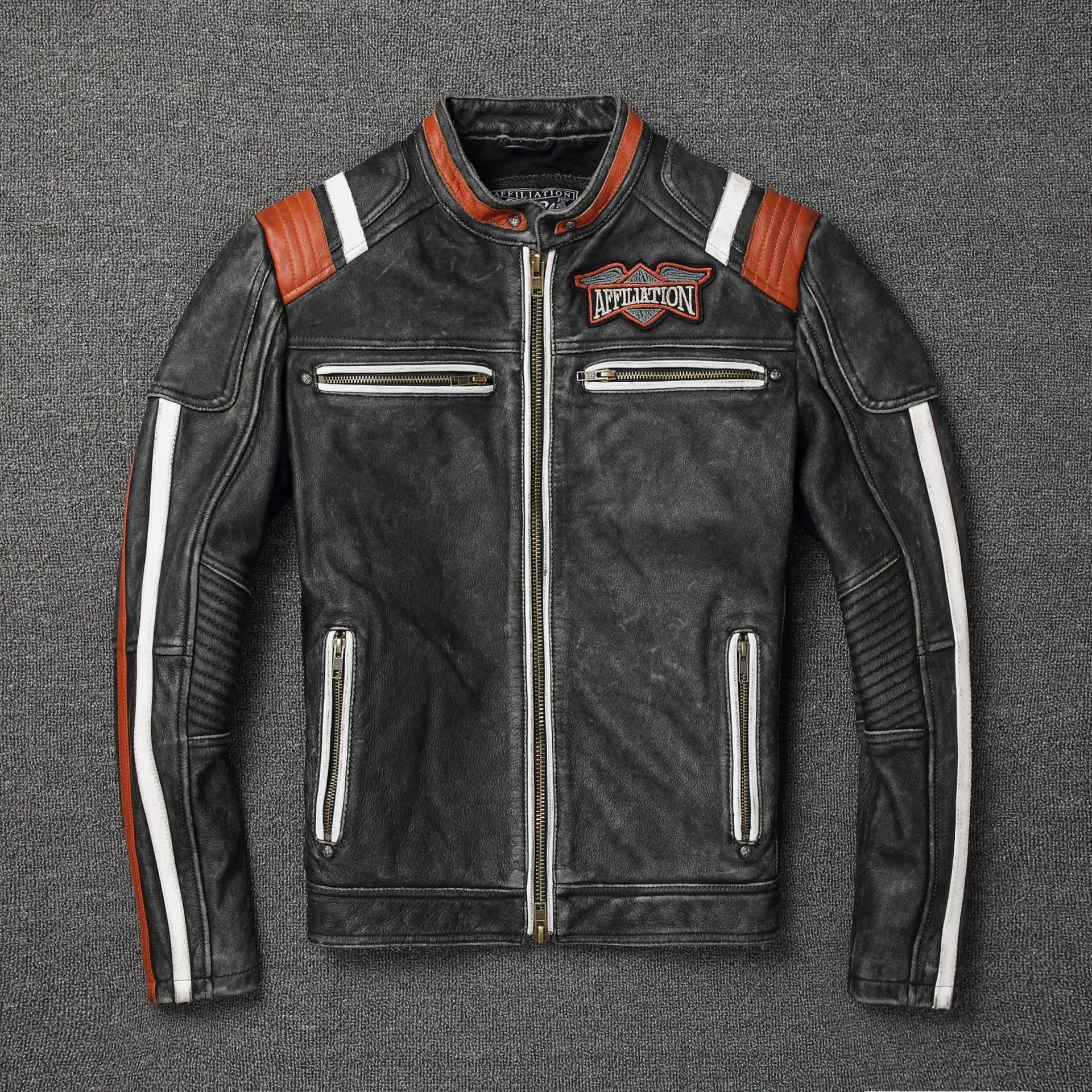 

HOT Autumn Genuine Cow Leather Rider Jacket Vintage Embroidery Genuine Leather Motorcycle Leather Jacket Slim Stand Collar Short