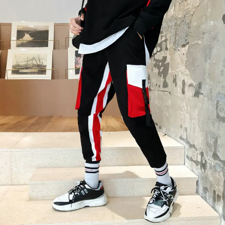 Black Red Красивые спортивные штаны в западном стиле Харадзюку, мужские повседневные полосатые штаны с несколькими карманами, модные мужские штаны в стиле хип-хоп, штаны-шаровары, брюки - Цвет: Black Red