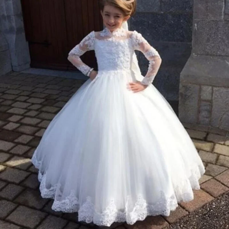 Elegant wit Hoge Hals Kant applique voor wedding Gown eerste communie voor Meisjes pageant Jurken Elegant wit Hoge Hals Kant applique voor wedding Gown eerste communie voor Meisjes pageant Jurken