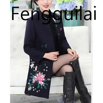 FENGGUILAI модное зимнее шерстяное пальто большого размера длинное однобортное хлопковое пальто с вышивкой Женская шерстяная куртка - Цвет: navy blue