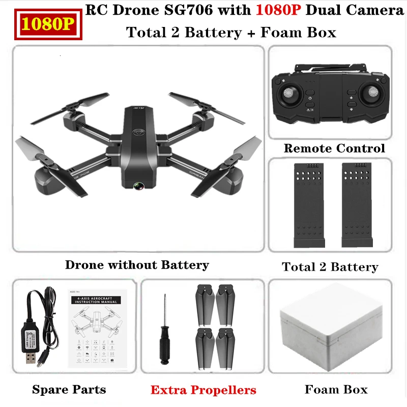 1080P-Foam Box-2 SG706 Дрон 4K HD WiFi FPV камера профессиональный селфи складной Квадрокоптер стабильная высота RC Вертолет VS KF607 XS809S XS816 GD89 - Цвет: 1080P-Foam Box-2