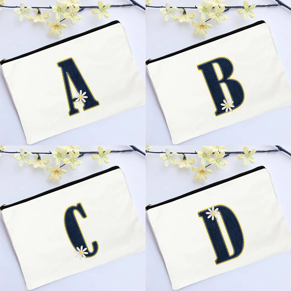 

26 Letters Daisy Flowers Cosmetic Bags Foldable Harajuku Makeup Case Funny Bride Wedding Handbag Lipstick Pouch for Women Gift