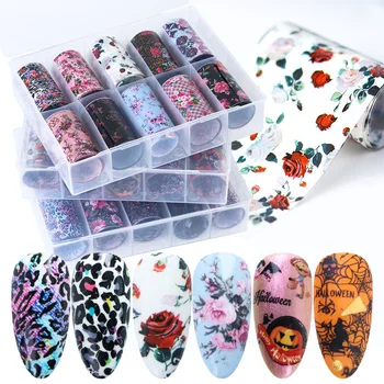 

10pcs Foil Nail Art Decals Mix Rose Flower Halloween Sticker on Nails Design Decor Slider Adhesive Manicure Tip Accessoires JIXK