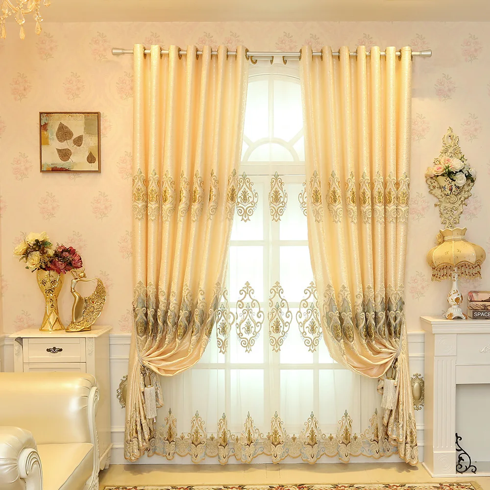 Европейский стиль затенение вышитый занавес Золотой Романтический прозрачный занавес желтый роскошный тюль для гостиной спальни