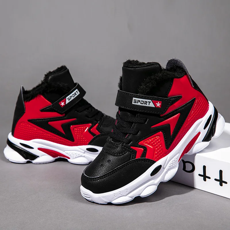 Mudipanda Kids Winter Warm Sneakers For Kids Boys Cotton Shoes Plus Velvet Thick Sports Shoes children's Waterproof Casual Shoes - Цвет: Black Red