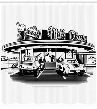 

Illustration of Retro Diner with Vintage Cars 50's Themed Shower Curtain Set