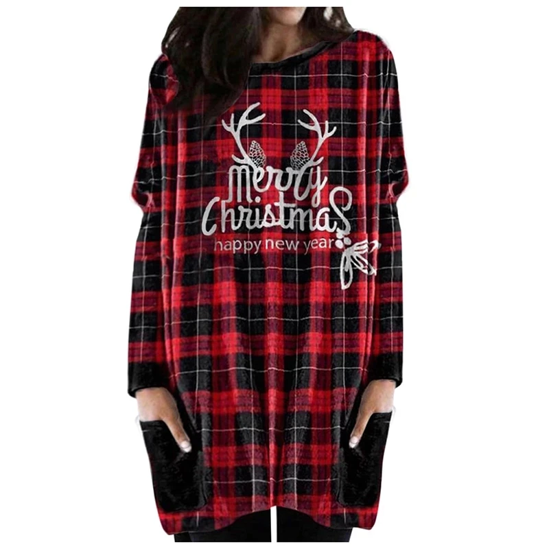 

AECU Autumn Female Christmas Dresses for Women Elegant Plaid Long Sleeve Casual Plus Size Long Sweatshirt Vestidos