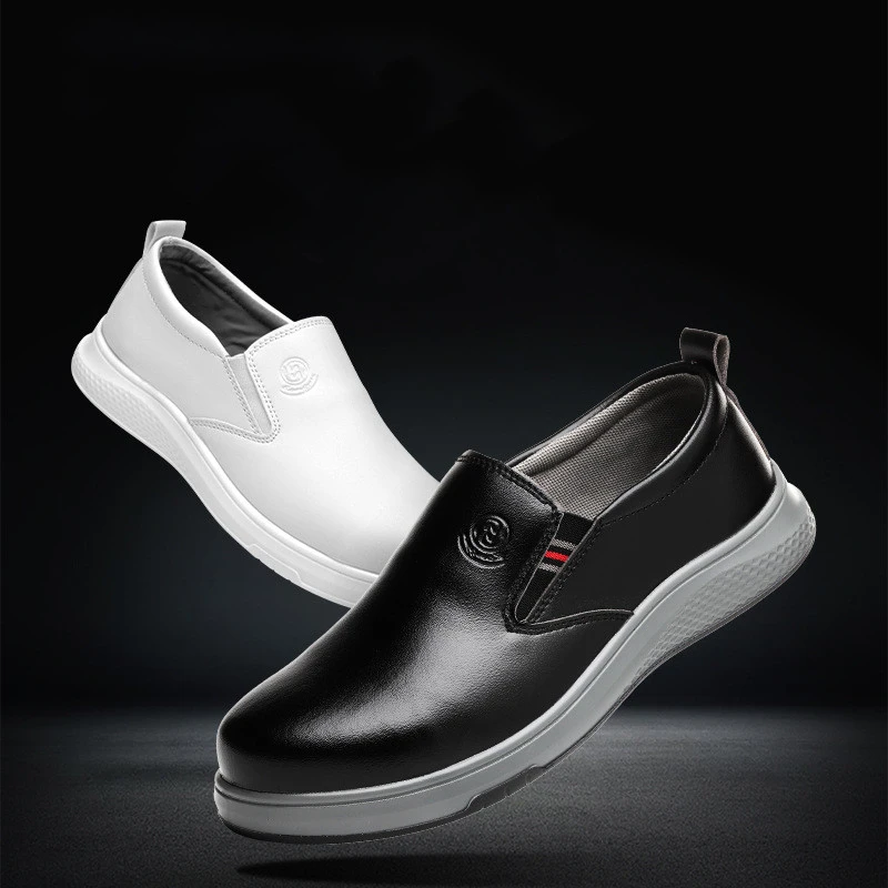 Botas de seguridad para hombre, calzado de trabajo con puntera de acero, sin cordones, de cuero genuino, color blanco y negro|Botas seguridad y de trabajo| - AliExpress
