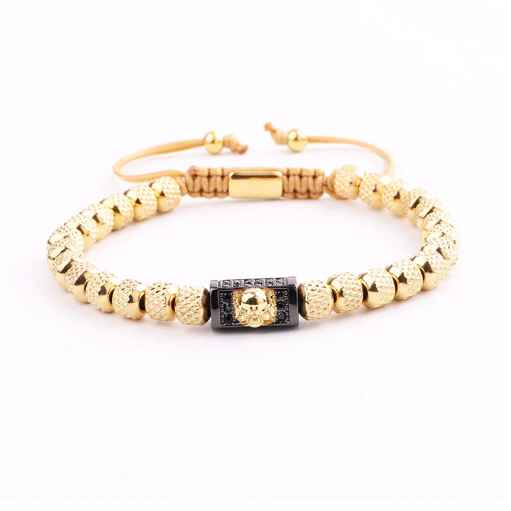 JARAVVI New Cute Design Stainless Steel Beads CZ Gold Skull Charm Macrame Bracelet Men - Image 2