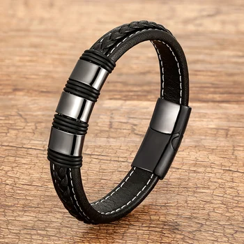 Braided Leather Rope Chain Gold Metal Men's Bracelets Charm Stainless Steel Magnetic Clasp For Bracelet Homme Jewelry Gift