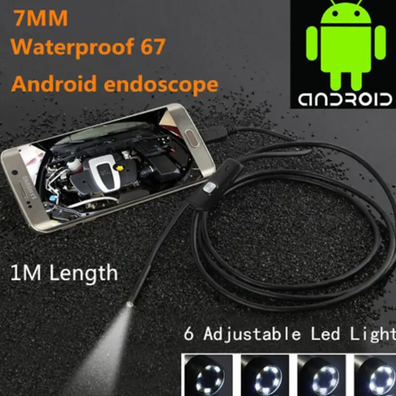 Negro 6LED 1 M 7mm lente USB Cámara endoscopio HD impermeable inspección de tuberías boroscopio para teléfono Android PC y cuaderno de dispositivo