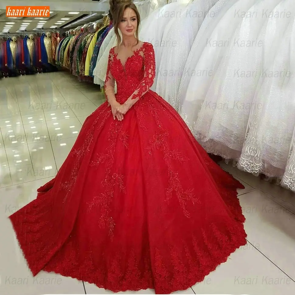 wedding gown Fashion Red Ball Gown Wedding Dresses Long Sleeve V Neck Appliqued Lace Fluffy Bridal Dress Women Custom Made 2021 Wedding Gowns traditional wedding dresses