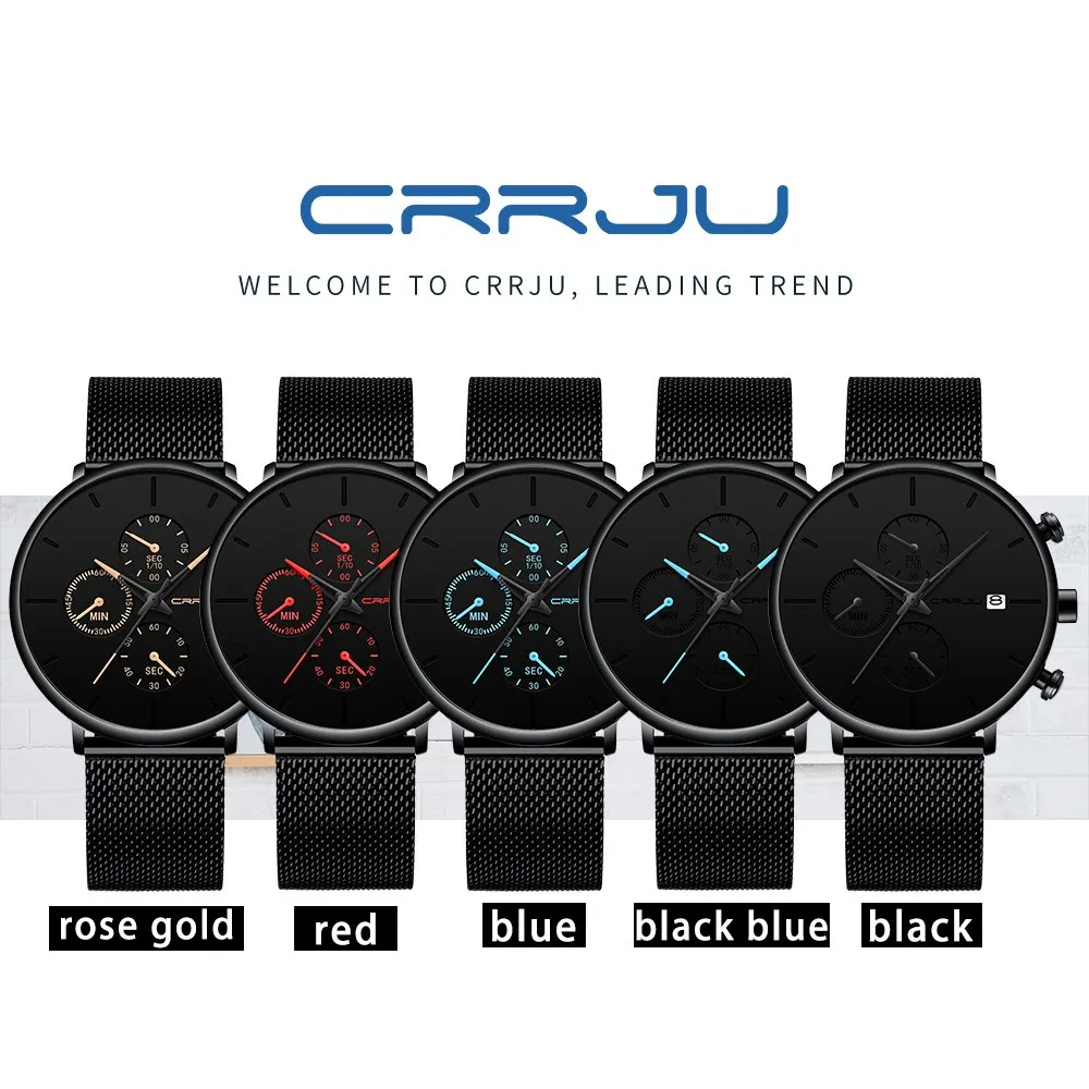 CRRJU Mens Watches Luxury Sport Wrist Watch Unique Design Stainless Steel Auto Date Mesh Strap Men Fashion Casual Quartz Watches images - 6