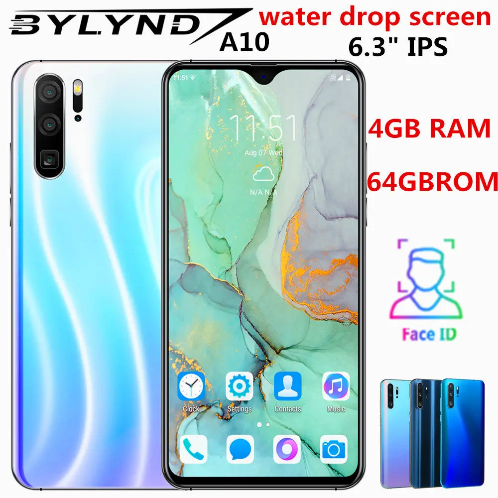 A10 экран капли воды 6," ips смартфоны Четырехъядерный 4 г 64 Гб rom 13 МП распознавание лица разблокированный Android Мобильные телефоны глобальная версия
