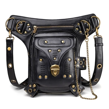

Black Waist Bag Women Gothic Fanny Packs Motorcycle Hip Leg Bag Steampunk Holster Shoulder Bag Men PU Leather Crossbody Bags
