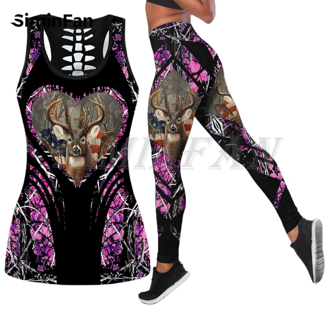 Deer Hunting Camo Two Pieces Yoga Sets Women 3D Printed Hollow Out Tank Top  Leggings Summer Vest Casual Sportswear Pant Suits 01 - AliExpress