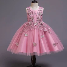 Детская Праздничная летняя одежда с вышивкой; кружевное платье с аппликацией в виде бабочки для девочек