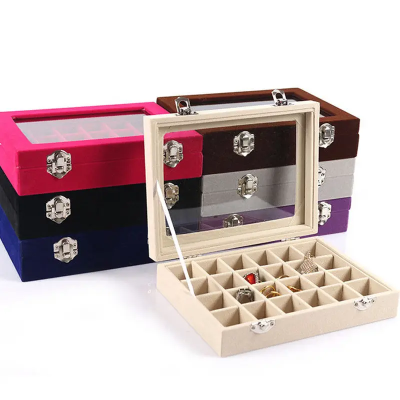 Baratos Caja de exhibición de joyas de cristal de terciopelo 20*15*4,5 cm bandeja de joyería titular de la caja de almacenamiento del ataúd 2017 caja de anillo de pendientes