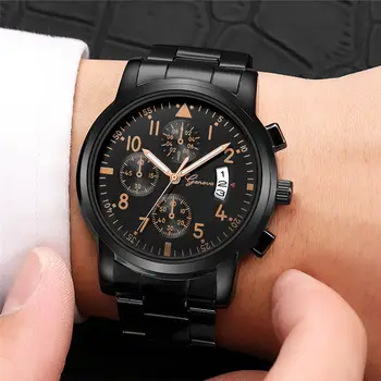 

2020 Geneva Watch Black Stainless Steel Calendar Quartz Wristwatch Men Military Watches Montre Homme Horloge Heren Reloj Hombre