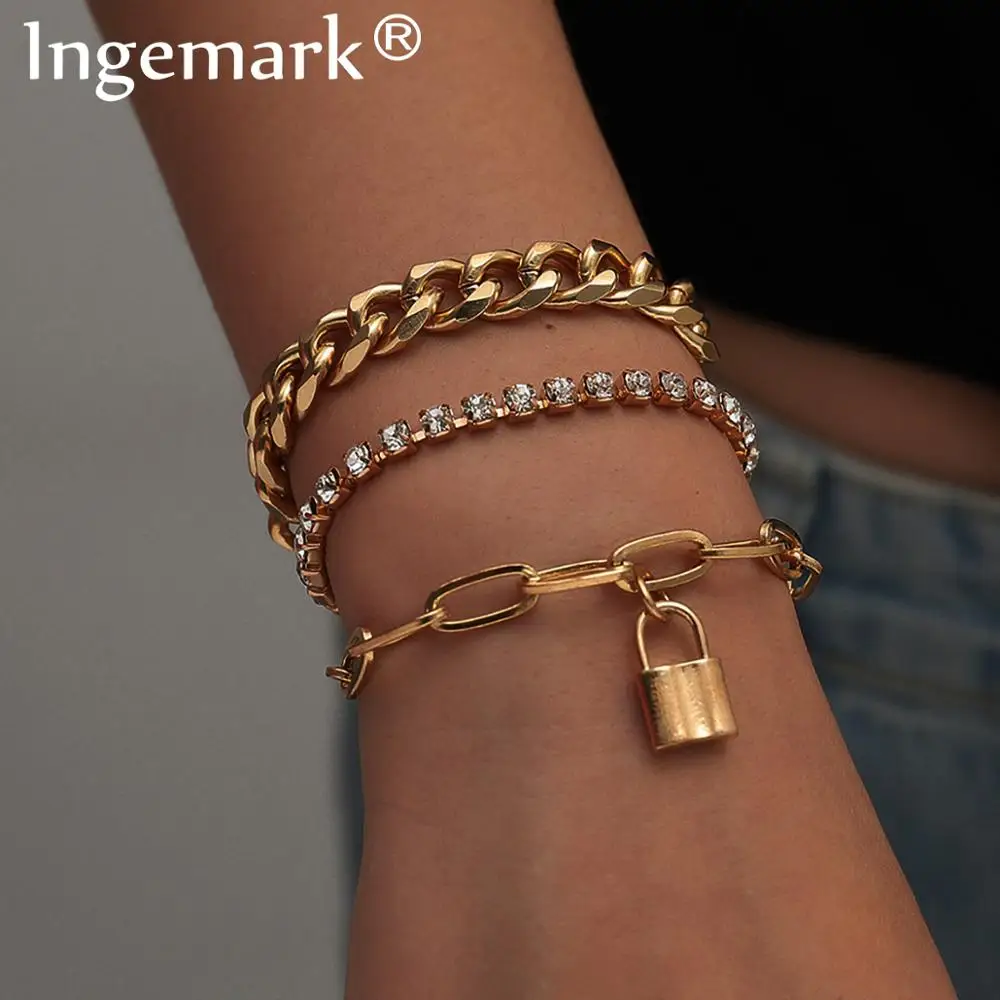 

Boho Lover Lock Key Pendant Bracelets Set for Women Men Beach Vintage Crystal Chain Bracelet Bangle Charm Friends Hand Jewelry