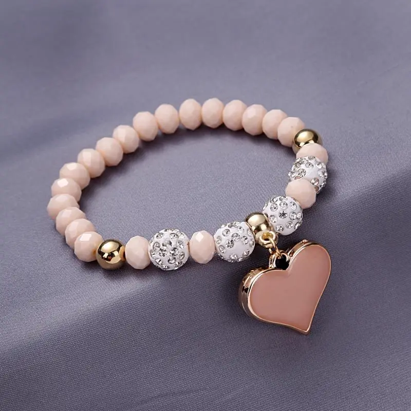 HOCOLE винтажные браслеты из хрустальных бусин для женщин ручной работы эластичный браслет с кулоном сердце и браслеты женские свадебные украшения - Окраска металла: Pink