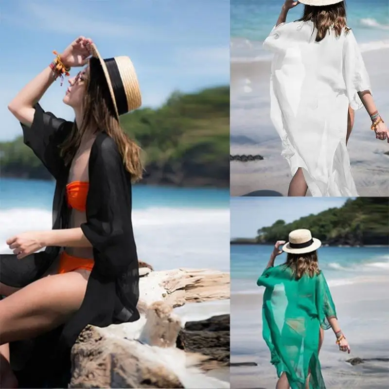

Solid Color Chiffon Cardigan Bikini Cover Up Women Beach Loose T-shirts
