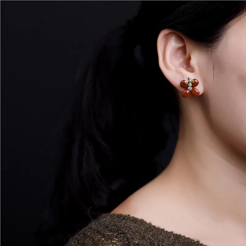 Uglyless Four Clover Stud Earrings for Women Natural Agate Gemstone Earrings Real 925 Sterling Silver Brincos Fine Jewelry E1317