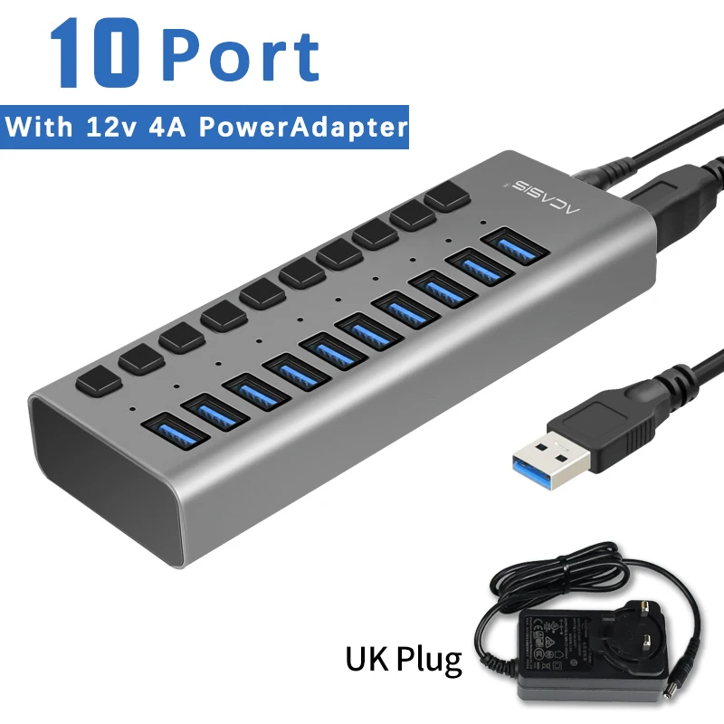 UK Aluminum Grey Usb-хаб Зарядное устройство 10 Порты USB 3,0/USB C Hub10 Порты мульти разъемом 12 V/4A быстро Зарядное устройство по стандартам ЕС/США Мощность адаптер для Macbook Pro PC - Цвет: UK Aluminum Grey