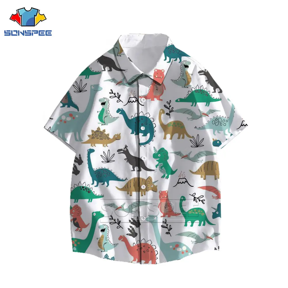 Funny Jurassic Dinosaur Pattern Shirt 3D Print Turn Down Collar Short Sleeve Casual Beach Hawaiian Shirt 2022 Summer Street Tops