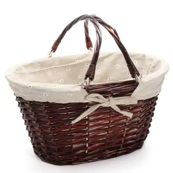 

Practical Hand Made Wicker Basket Wicker Camping Picnic Basket Shopping Storage Hamper and Handle Wooden Color Wicker Picnic