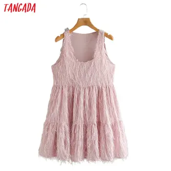 

Tangada women pink tassel party dress sleeveless females pleated sweet mini dresses vestidos 2W106