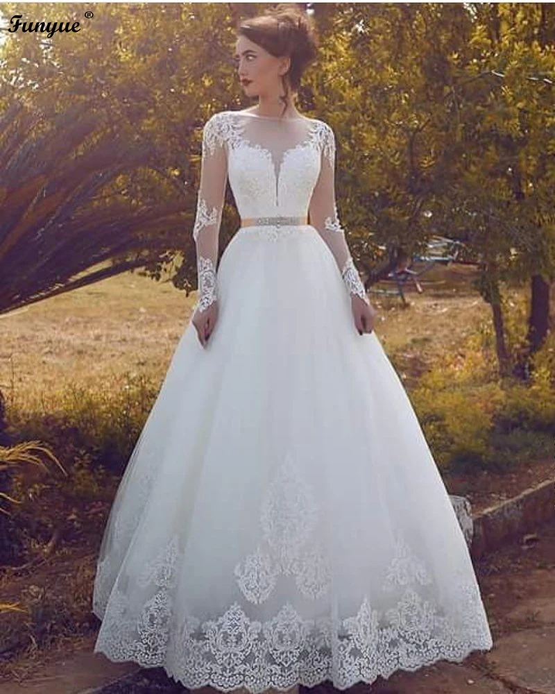 

Delicate Muslim Long Sleeves Wedding Dresses Appliques Lace Tulle Vestidos De Novia 2021 Bridal Ball Gown Robe De Mariage