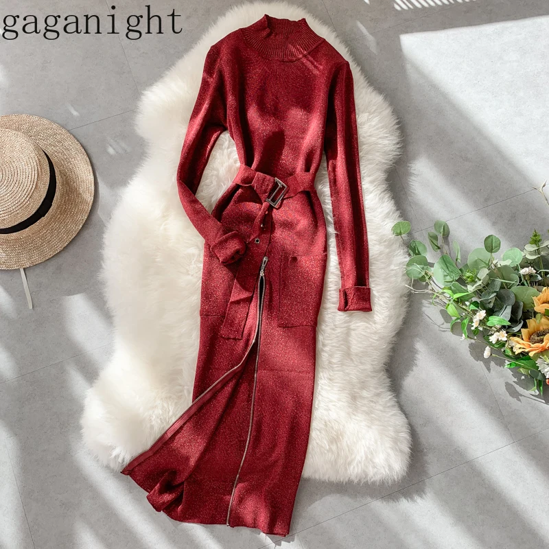 Gaganight элегантное женское Макси платье осень зима с длинными рукавами Sash O