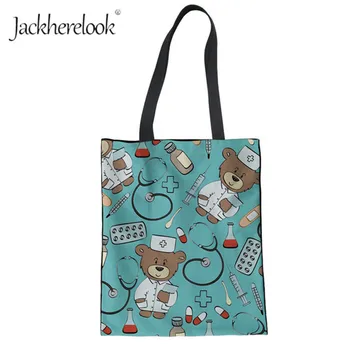 

Jackherelook Cute Cartoon Nurse Bear Print Canvas Bag Women's Nursing Doctor Bear Design Shoulder Bag Lady Handbag Top Hand Tote