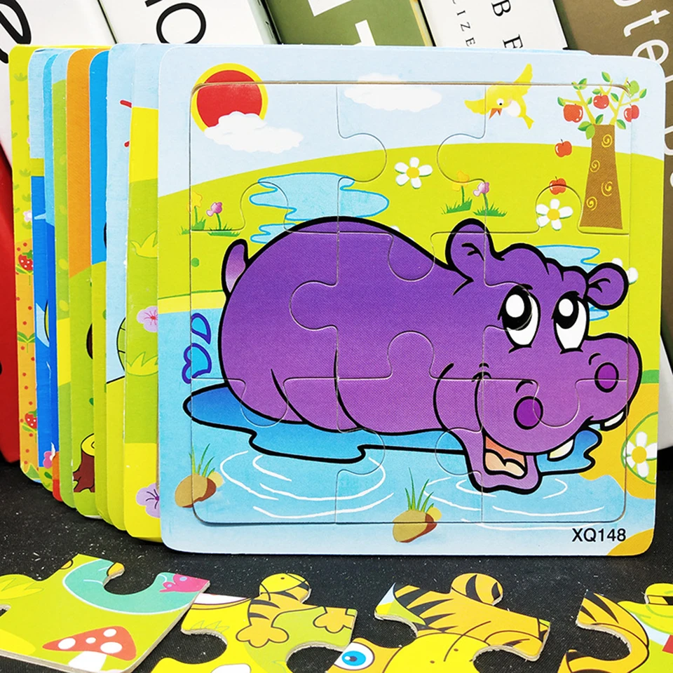 9 Pieces Kids Puzzle Toy Animals and Vehicle Wooden Puzzles Jigsaw Baby Educational Learning Toys for Children Gift