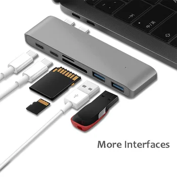 

6 In 1 Dual USB Type C Hub Adapter Dongle Support USB 3.0 Quick Charge PD Thunderbolt 3 SD TF Card Reader For MacBook 2016 2017