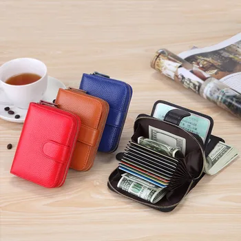 

Fashion Women Card Holder Wallet Genuine Leather Zipper Hasp Large Capacity ID Credit Card Case